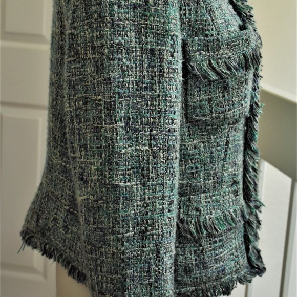 Green Chanel-style zip jacket with fringe detailing by INC. Size 10/ - Picture 3 of 9